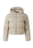 Women short quilted jacket with hood, front view, features full-length zipper and stand-up collar.