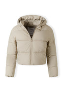 Front view of a women's short quilted jacket in beige with a hood and full-length zipper.