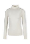 Women’s cream turtleneck jumper, front view, ribbed trims at cuffs and hem.