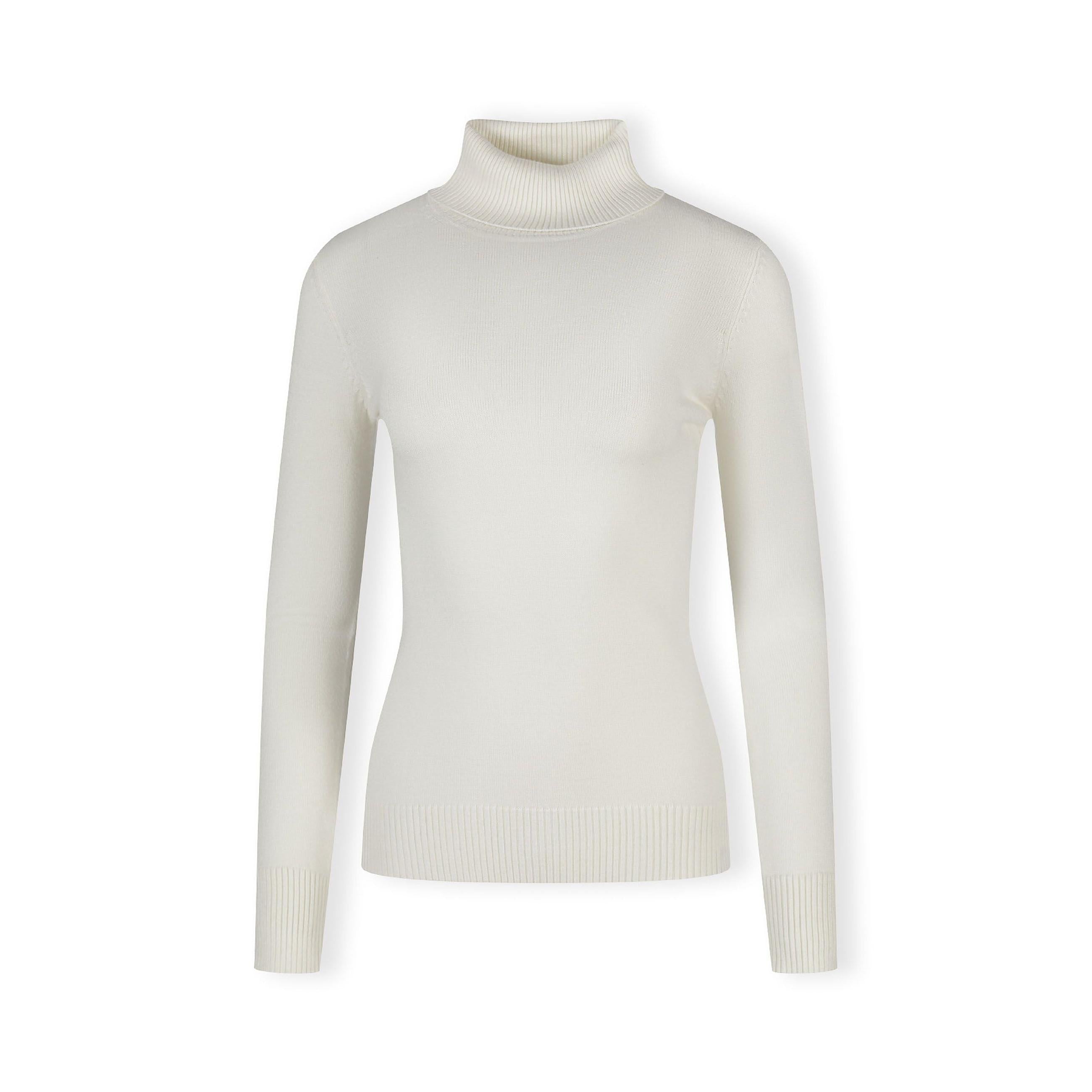 Back view of cream turtleneck jumper laid flat showing ribbed collar and cuffs on white background