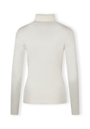 Women's cream viscose blend turtleneck jumper with ribbed cuffs and hem, back view.