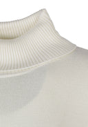 Close-up of a cream women's soft turtleneck jumper with a ribbed viscose blend knit.