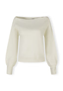 Women’s cream jumper with boat neckline, long sleeves, and ribbed cuffs.