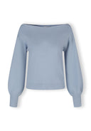 Light blue women's jumper with boat neckline and ribbed cuffs, front view.