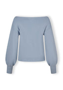 Light blue women's jumper with boat neckline, back view, featuring ribbed cuffs.