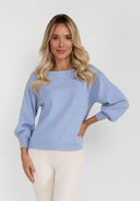 Light blue women's jumper with boat neckline and ribbed cuffs, front view.