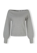 Women's grey relaxed fit jumper with boat neckline and ribbed cuffs, front view.