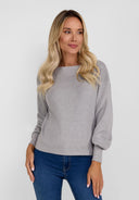 Women relaxed fit grey jumper with boat neckline and ribbed cuffs, front view.