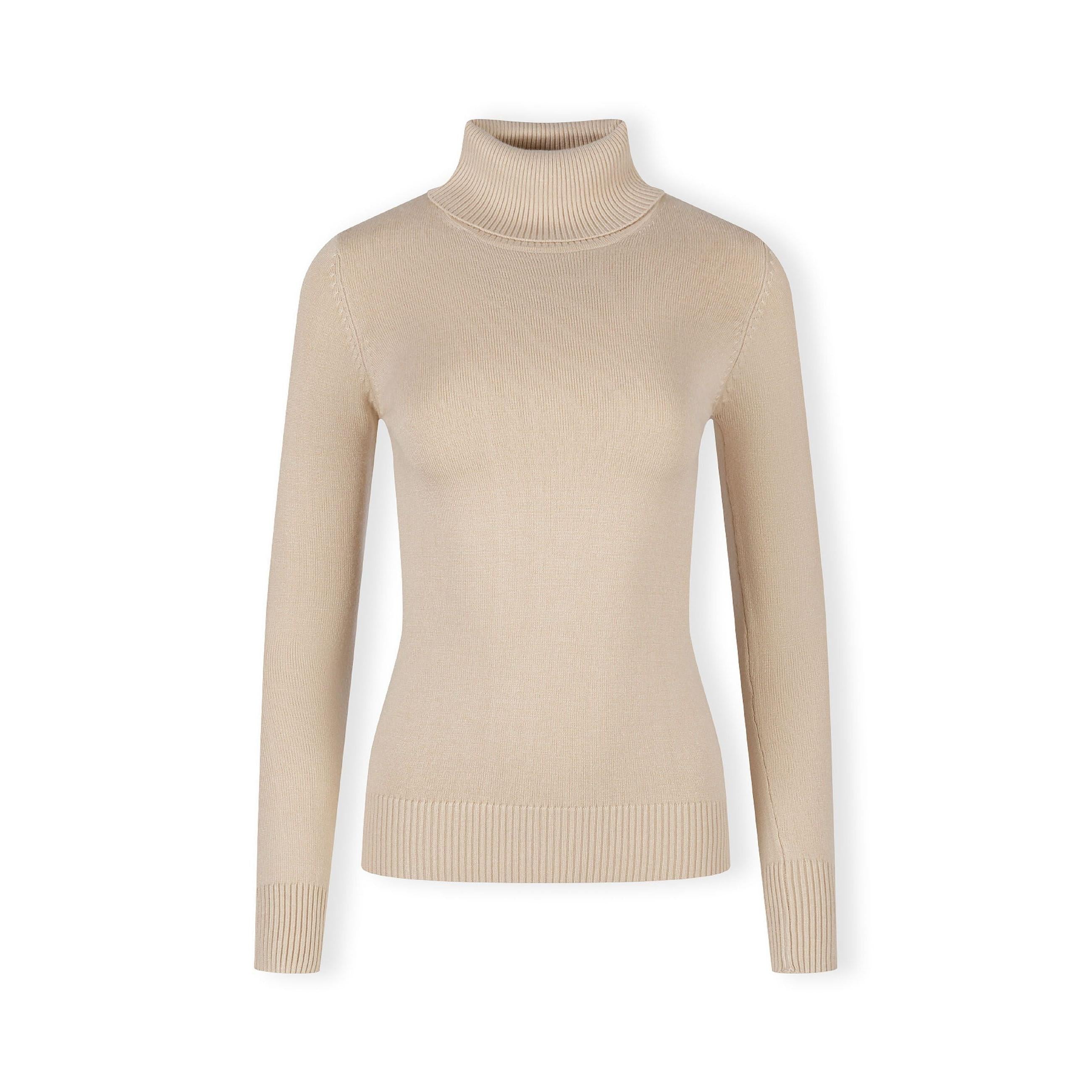 Beige turtleneck jumper flat lay on white background showing ribbed collar details and long sleeves construction