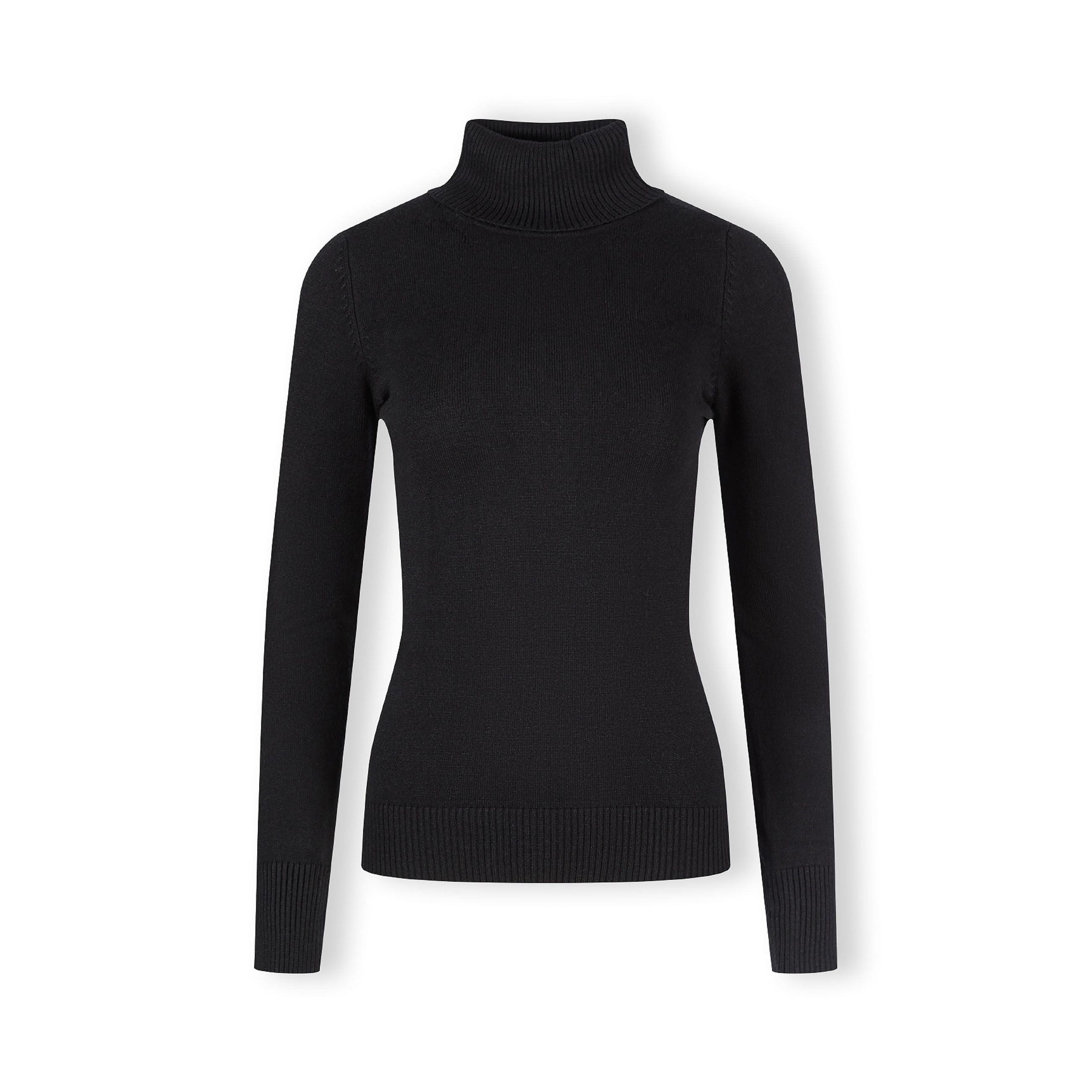 Black turtleneck jumper laid flat showing ribbed collar detail and long sleeves on white background