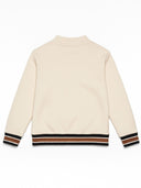 Back view of a cream boys' sweatshirt with ribbed cuffs and hem featuring contrast tipping.