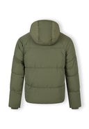 Boys khaki quilted jacket, back view with hood and raglan sleeves.