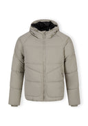 Boys quilted jacket in grey, front view with hood and zip pockets.