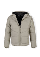 Boys quilted jacket in grey, front view with hood, zip, and pockets.