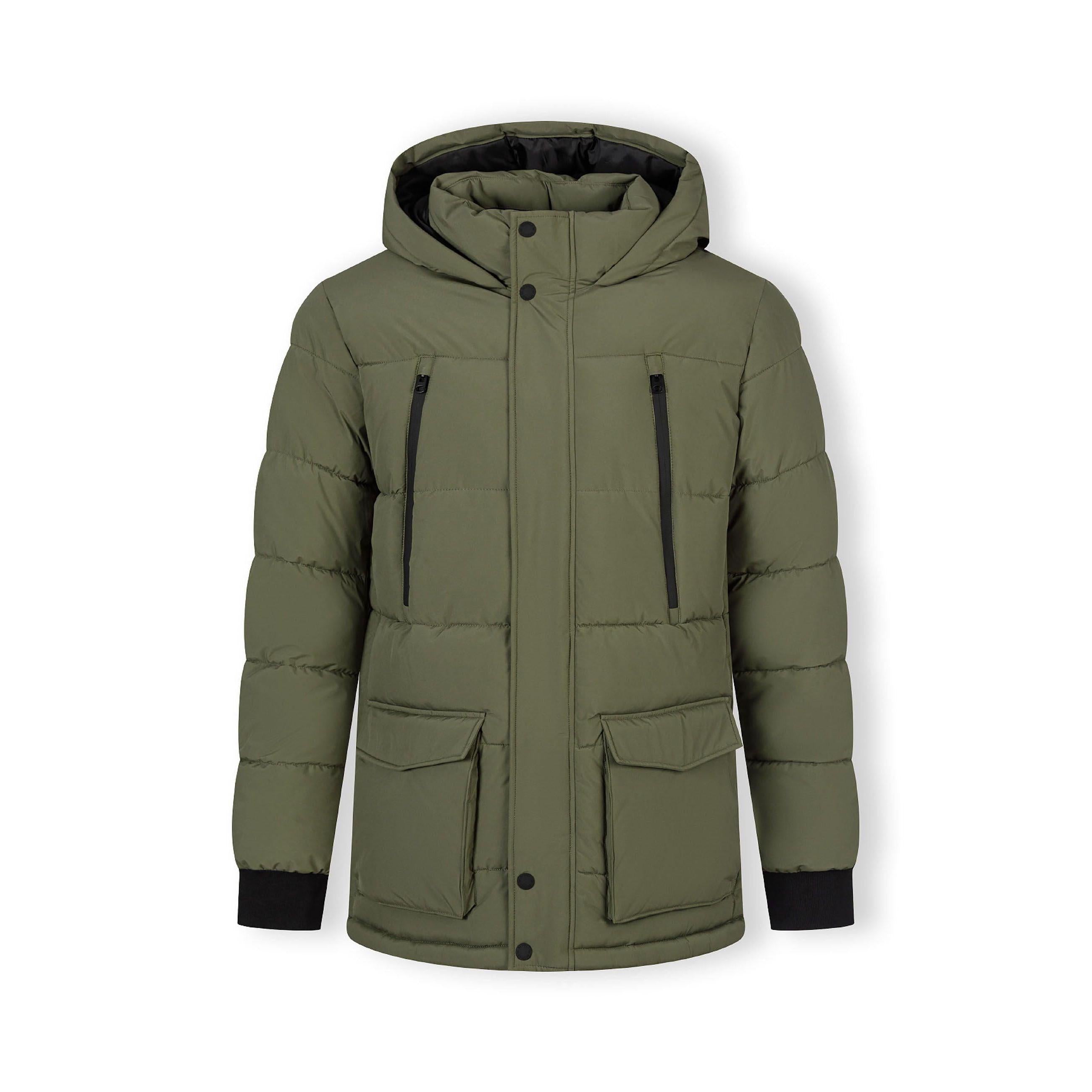 Khaki quilted puffer jacket laid flat showing full design with hood, multiple pockets and fleece lining visible inside