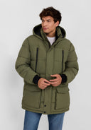 Men's long khaki jacket with a fixed hood, zip pockets, and quilted pattern.