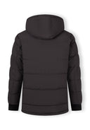 Back view of a men's grey long jacket with fixed hood, fleece lining, and elasticated cuffs.