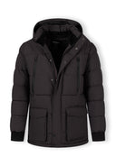 Men's grey long jacket with fleece lining, fixed hood, waterproof zip chest pockets, and flap pockets.