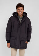 Men's long grey jacket with fleece lining, fixed hood, and zip pockets, front view.