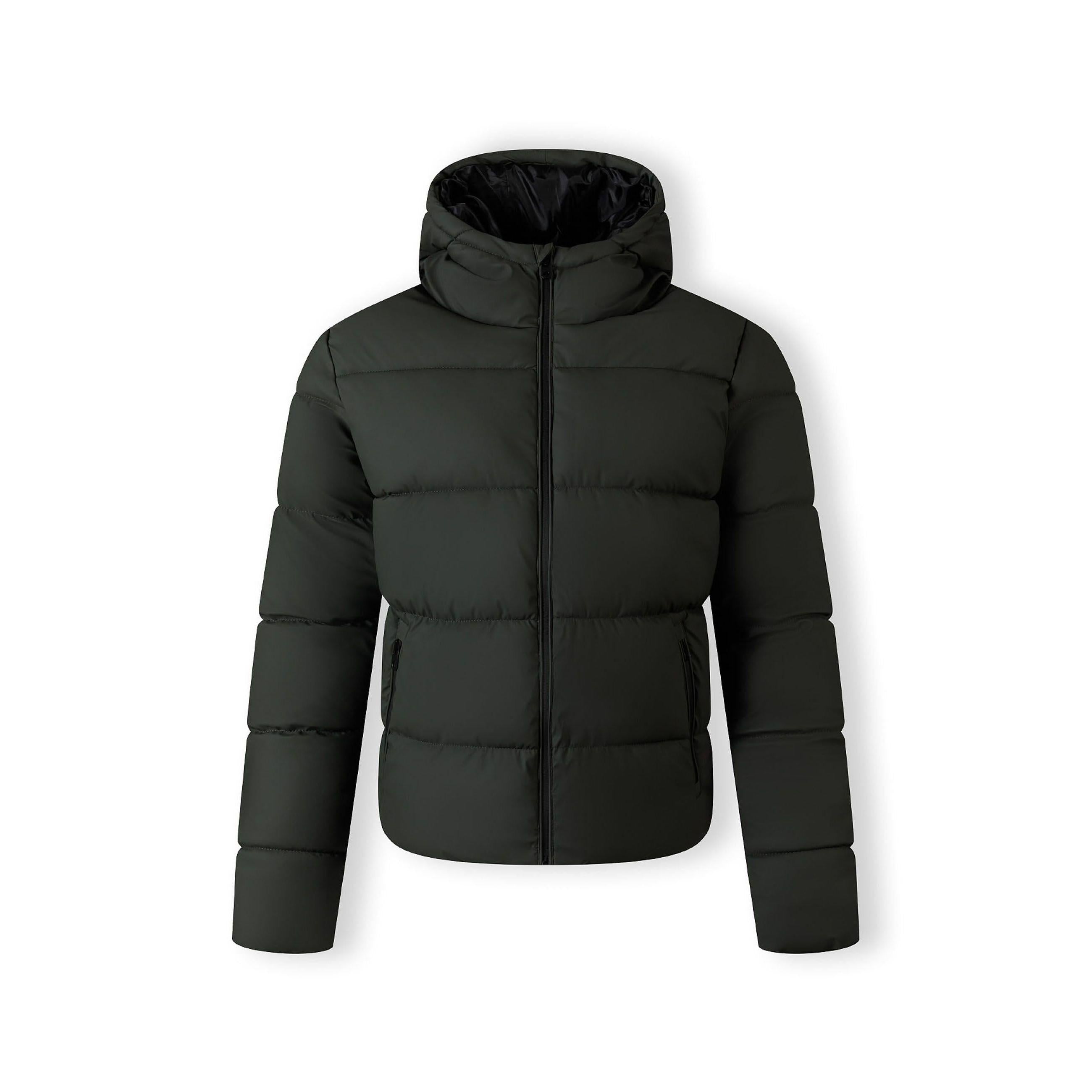 Back view of khaki padded jacket showing quilted pattern and hood design on white background