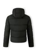 Back view of a men's khaki padded jacket with a hood and elasticated cuffs.