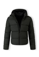 Men's padded jacket in khaki, front view with hood and zip pockets.