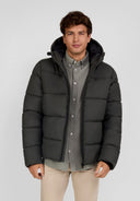 Men's padded jacket in khaki, front view with hood and zip pockets.