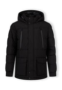 Men's long black parka with fixed hood, zip closure, and two chest pockets.