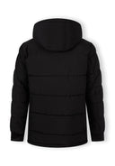 Back view of a black men's long parka with a fixed hood and quilted design.