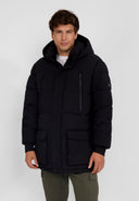 Men's long black parka with fixed hood, zip closure, and two chest pockets.