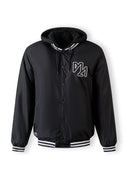 Men's black baseball style jacket with detachable hood, ribbed cuffs, and embroidered detail.