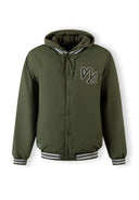 Men's khaki baseball style jacket with detachable hood, ribbed cuffs, and embroidered logo.