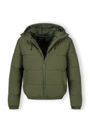 Men's khaki ripstop jacket with high collar and adjustable hood, front view, featuring zip closure and pockets.