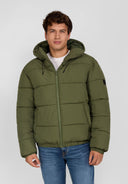 Men's khaki ripstop jacket with high collar and adjustable hood, front view, featuring zip closure and badge detail.