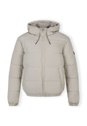 Men's grey ripstop jacket with high collar and elastic cuffs, front view.