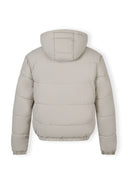 Back view of a grey ripstop jacket with a hood and elastic cuffs.