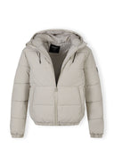 Men's grey ripstop jacket with high collar and elastic cuffs, front view.