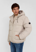 Men's grey ripstop jacket with high collar and elastic cuffs, front view.