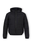 Men's black ripstop jacket with high collar and elastic cuffs, front view.