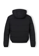 Back view of a black men's ripstop jacket with a hood and elastic cuffs.