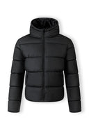 Men's black PU jacket, front view, features a high collar and zip pockets.