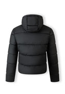 Men's black puffer jacket, back view, featuring a hood and quilted design.