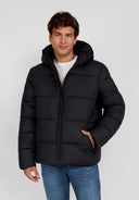 Men's black puffer jacket, front view, featuring a hood and zip pockets.