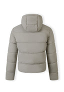Men's grey PU jacket, back view, features a hood and padded structure.