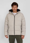 Men's grey PU jacket with hood, zip pockets, and padded structure, front view.