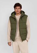 Men's khaki padded gilet with hood, full zip, and side pockets.