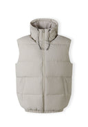Men's grey padded gilet with hood, full zip, and two side pockets.