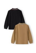 Back view of two long sleeve polo shirts in black and brown with woven collars and ribbed cuffs.