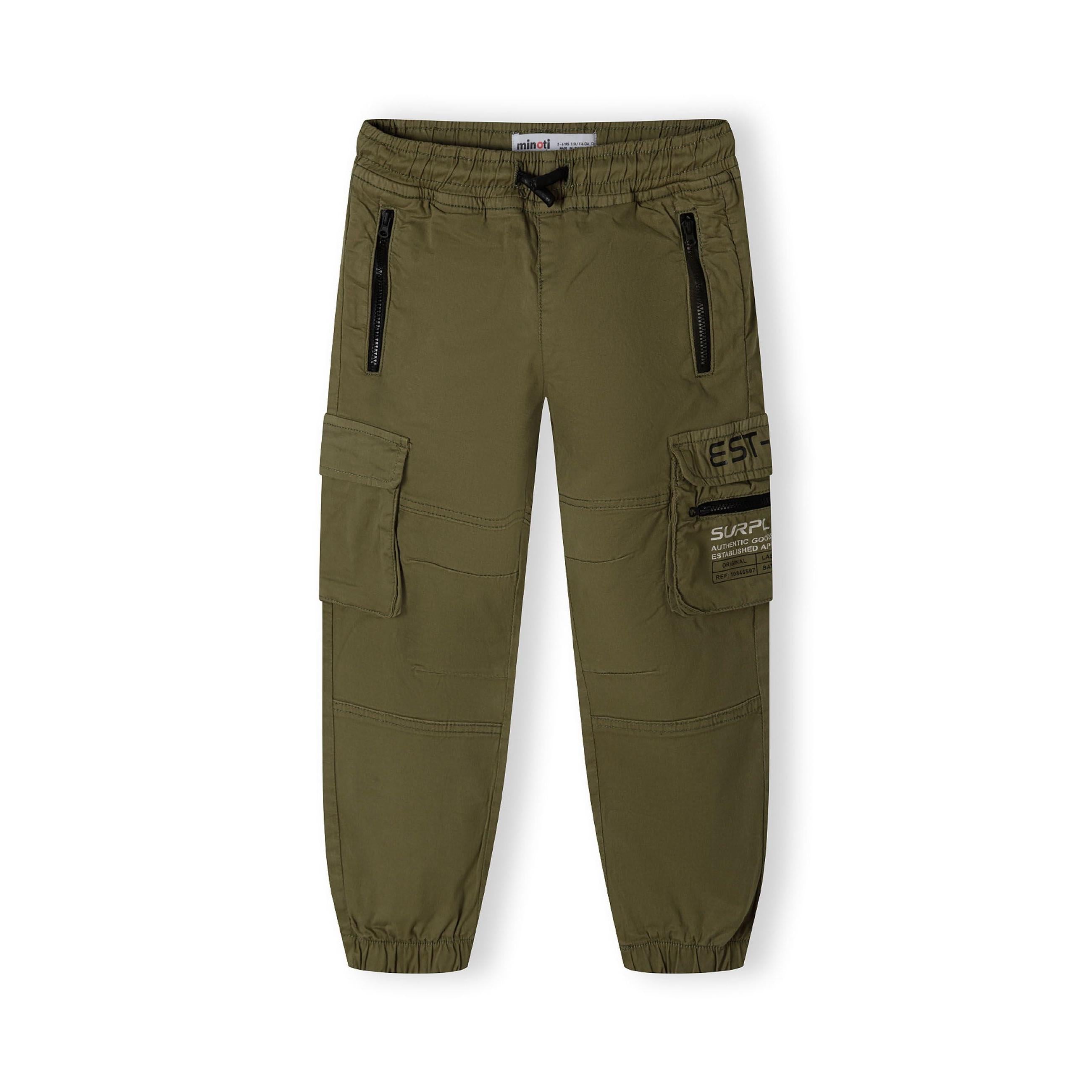 Flat lay of olive green cargo trousers showing full silhouette with cargo pockets and elasticated waistband on white background
