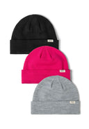 Three unisex ribbed beanie hats in black, pink, and gray with fold-up cuffs.